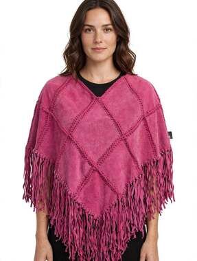 Vtg Y2K Wilsons Maxima Suede Patchwork Poncho Pink Crochet Fringe S/M NWT